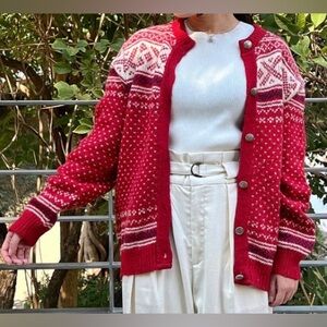 LL BEAN Sz M Wool Blend Metal Button Chunky Fair Isle Style Vintage Cardigan